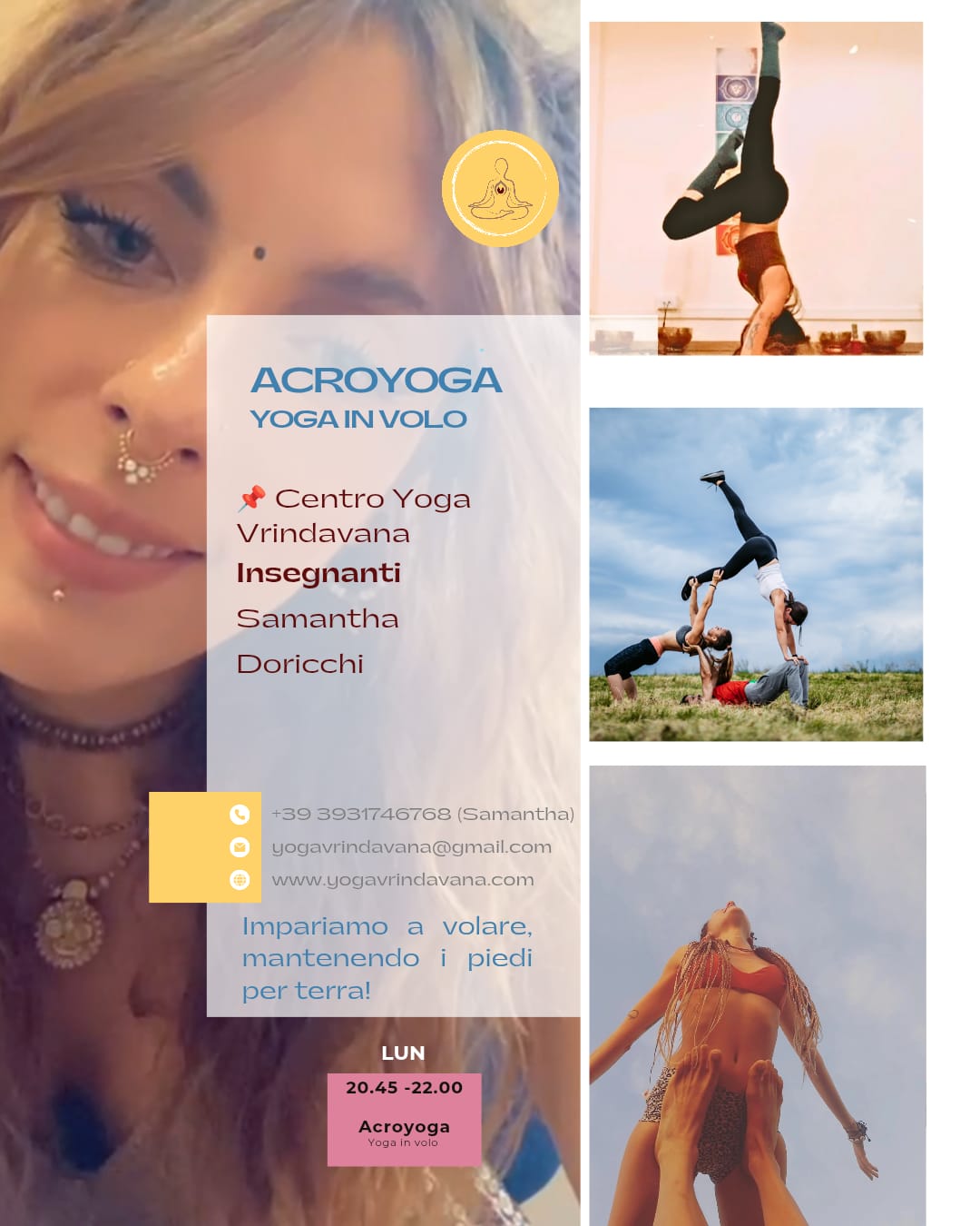 Acroyoga — Yoga in volo con Samantha Dorichi al Centro Yoga Vrindavana. Locandina con orari e contatti.