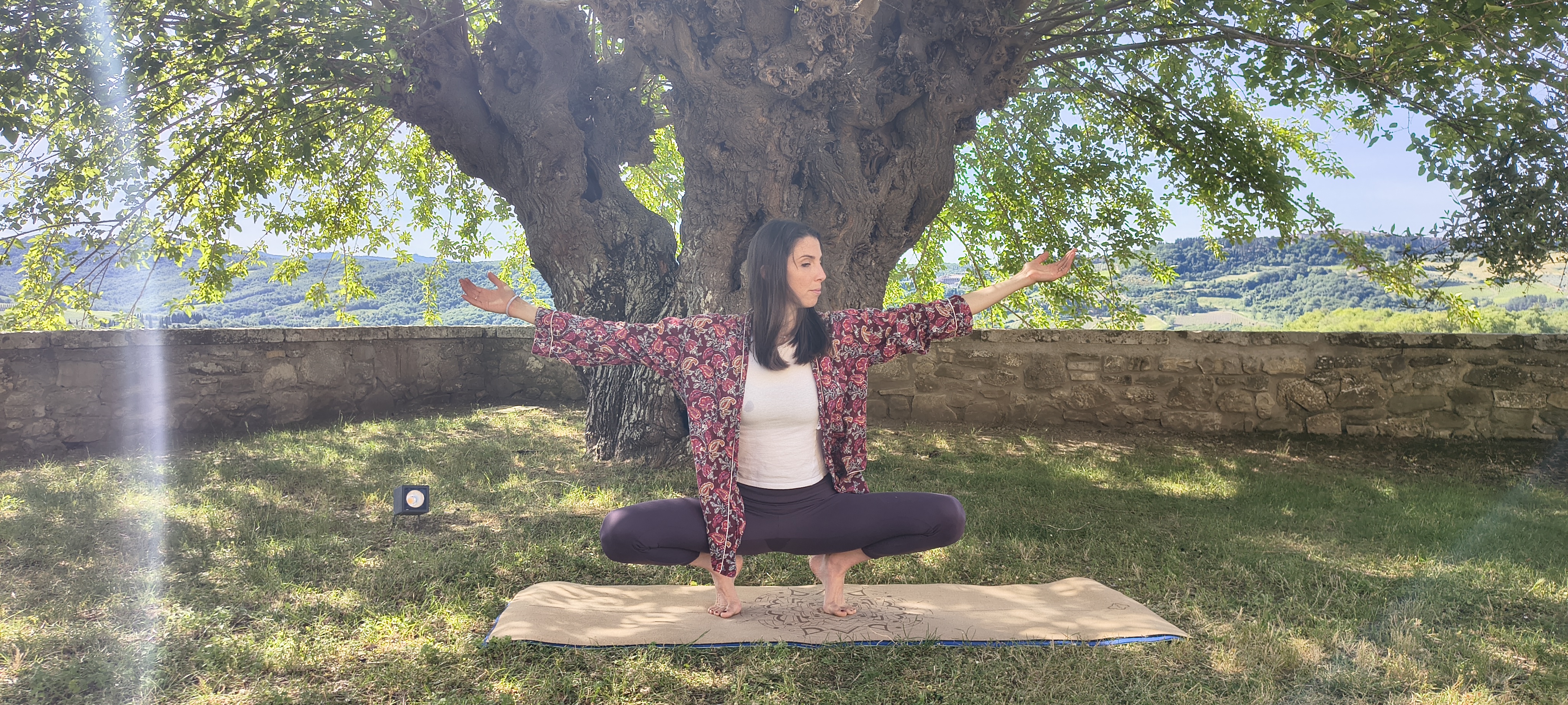 Pratica yoga sotto un albero nel Chianti